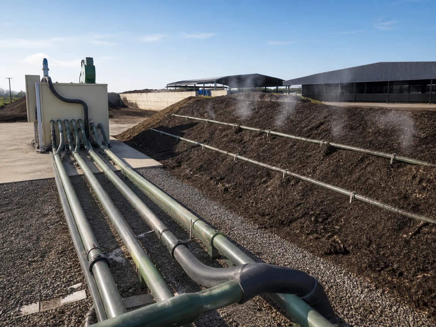 Aerated Static Pile composting system with airflow pipes and managed compost piles