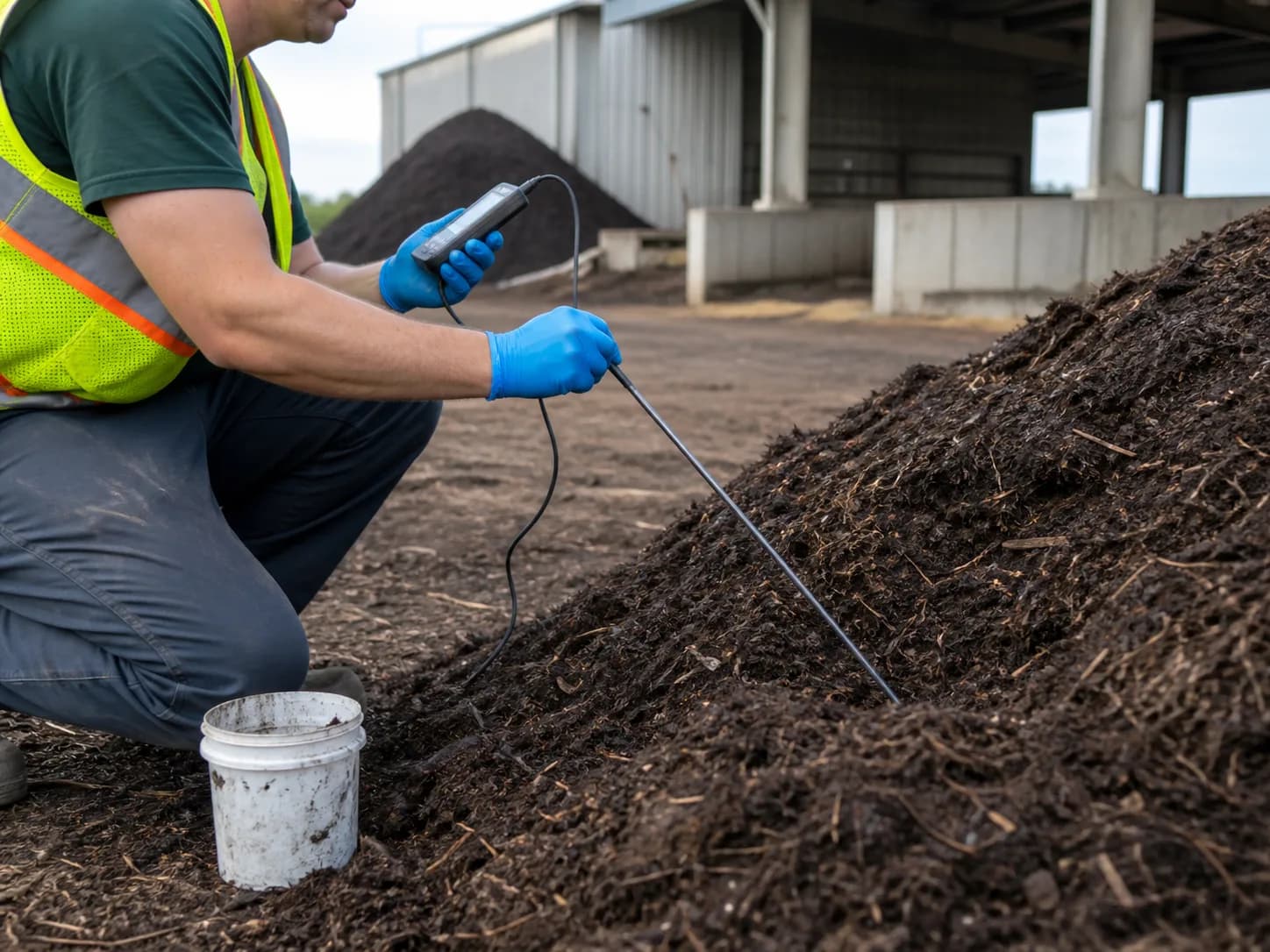 A compost facility technician monitoring compost conditions with a temperature probe