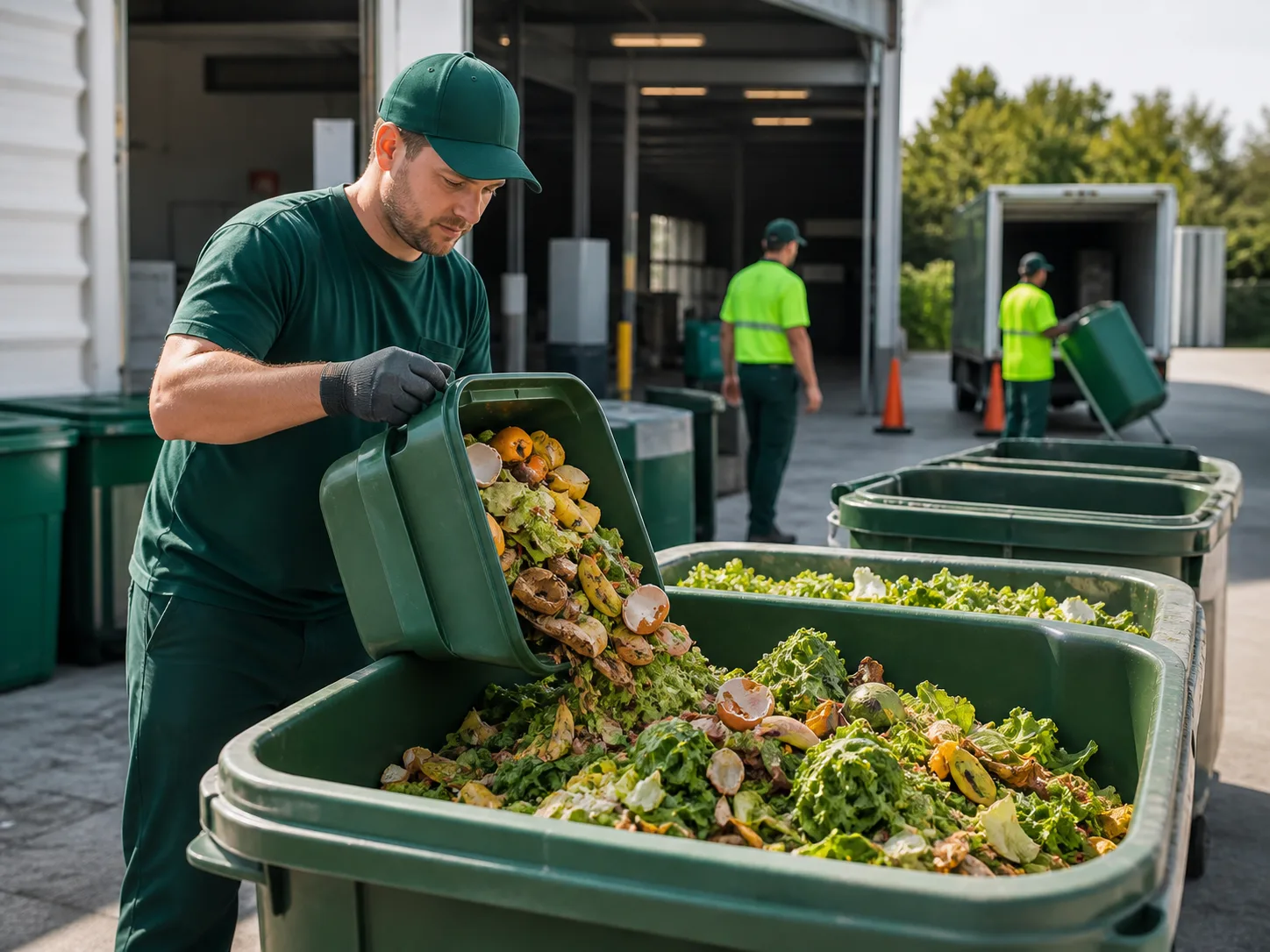 Organic food scraps being collected for composting in green bins